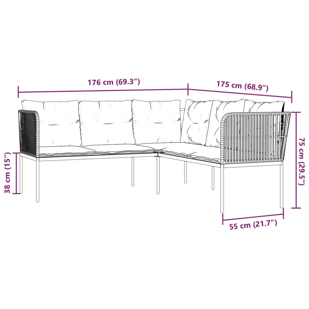 L-Shaped Garden Sofa Steel Textilene Black Outdoor Patio Seating with Cushions