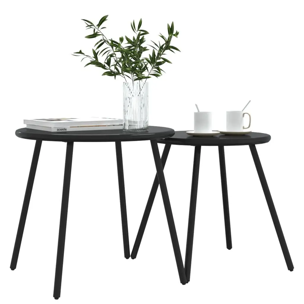 Round Coffee Tables Set of 2 Black Powder-coated Steel Frame Outdoor Garden Patio Furniture