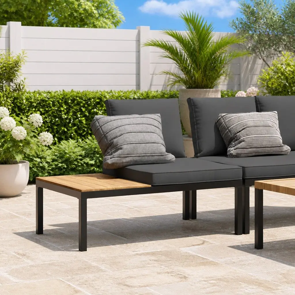 Garden Bench Aluminium Frame Black with Cushions and Side Table