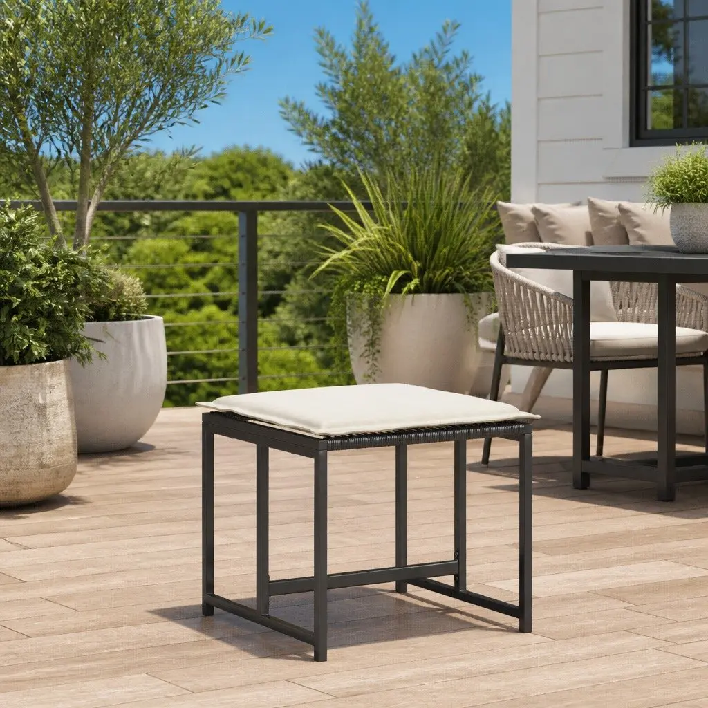 Garden Stools PE Rattan Powder-Coated Steel 4 Pieces Black Outdoor Foot Rests with Removable Cushions