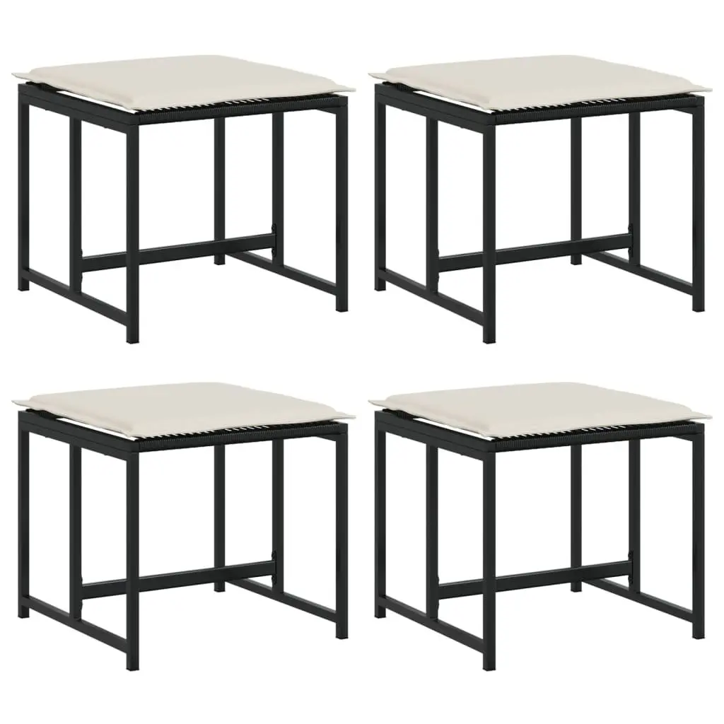 Garden Stools PE Rattan Powder-Coated Steel 4 Pieces Black Outdoor Foot Rests with Removable Cushions