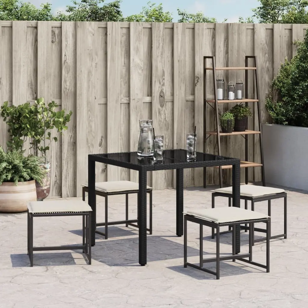 Garden Stools PE Rattan Powder-Coated Steel 4 Pieces Black Outdoor Foot Rests with Removable Cushions