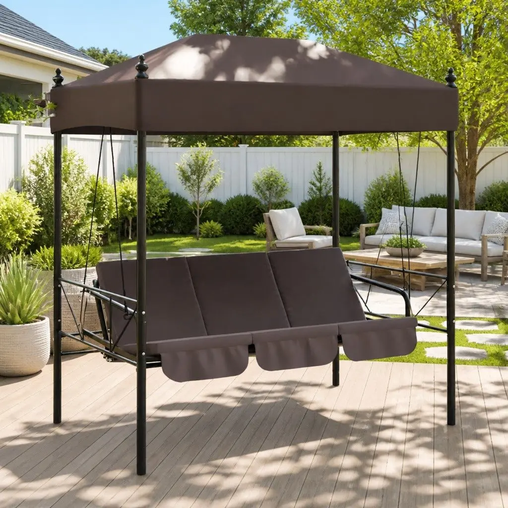 Garden Swing Bench Canopy Brown Powder-coated Steel 2-3 Person Outdoor Seating