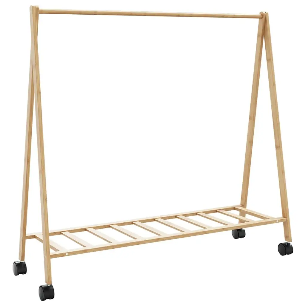 Bamboo Clothes Rack Foldable Garment Storage Organiser with Shelves and Wheels Brown