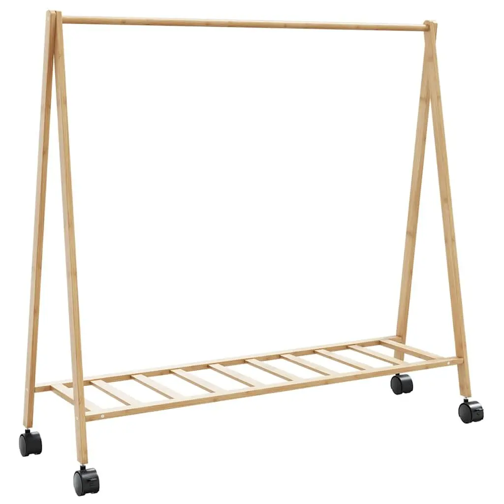 Bamboo Clothes Rack Foldable Garment Storage Organiser with Shelves and Wheels Brown