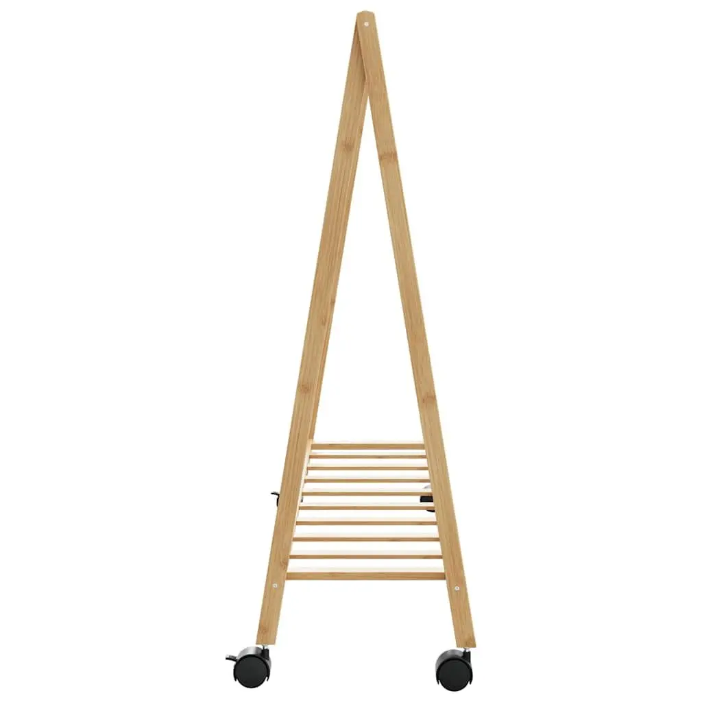 Bamboo Clothes Rack Foldable Garment Storage Organiser with Shelves and Wheels Brown
