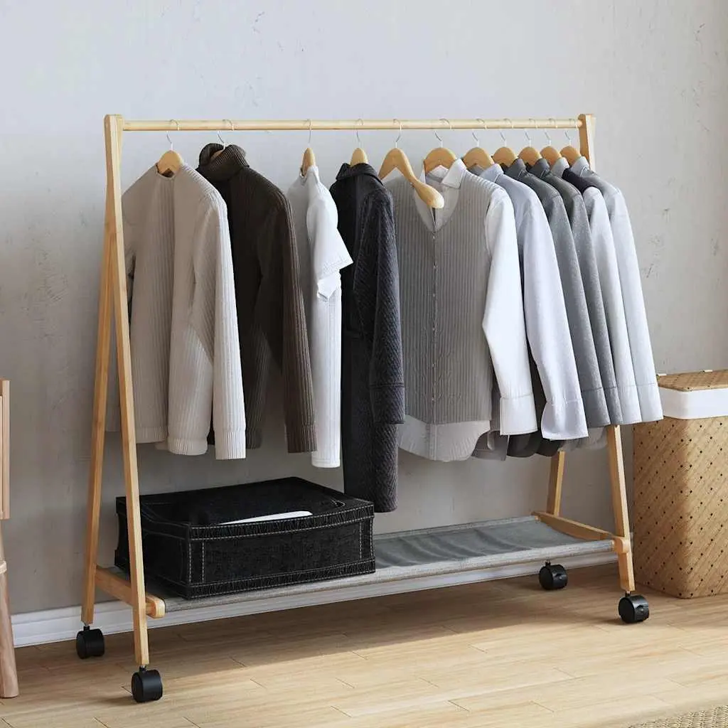 Bamboo Clothes Rack Foldable Garment Organiser with Shelves Wheels Brown 106 x 34 x 106.5 cm