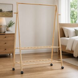 Clothes Rack with Shelves and Wheels Brown Bamboo Storage Organiser Garment Rail