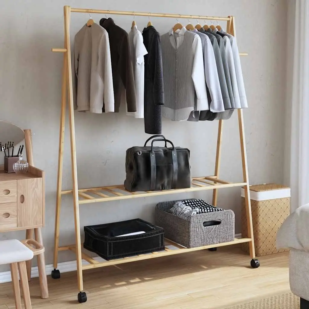 Clothes Rack Bamboo 132 x 45.5 x 155.5 cm Brown with Shelves and Wheels