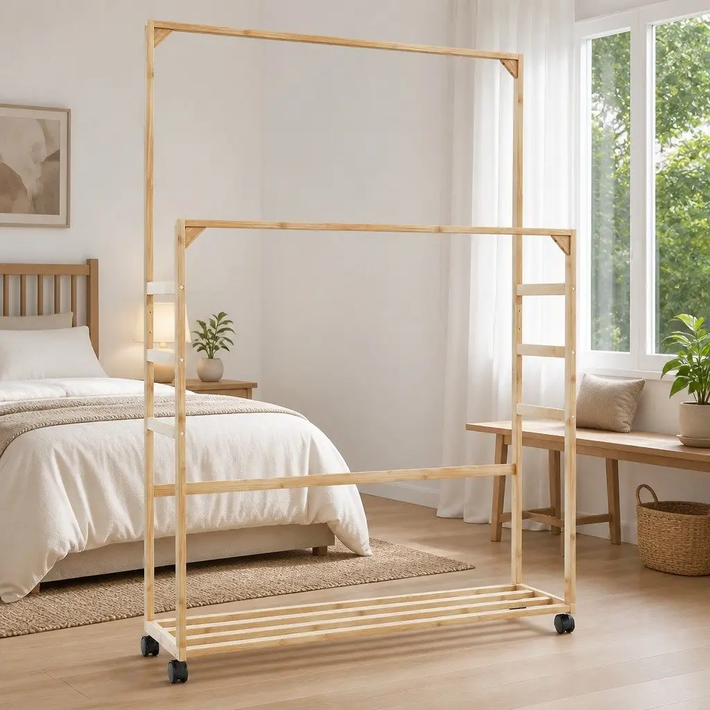 Bamboo Garment Rack Brown 90x35x155cm with Shelves and Wheels for Organising Clothes and Accessories