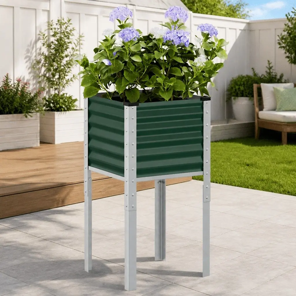 Outdoor Planter Box Steel Green 45x45x88cm Raised Bed Flower Pot for Garden Balcony and Patio