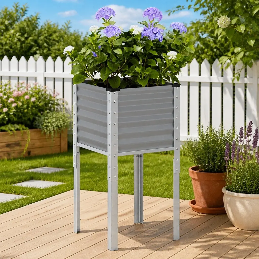 Garden Planter Box Steel 45x45x88 cm Grey Outdoor Flower Pot Decorative Raised