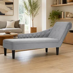 Chaise Lounge Sofa with Lumbar Pillow Right Armrest Button Tufted Living Room