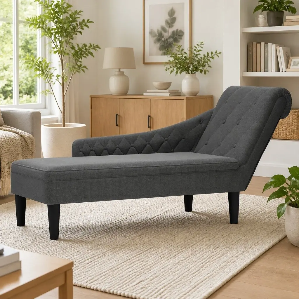 Chaise Lounge Chair Soft Fabric Grey Right Armrest with Lumbar Pillow for Relaxation in Living Room or Study