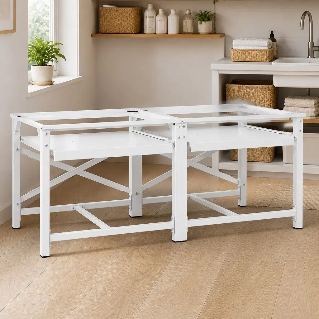 Washing Machine Pedestal Steel Frame White with Pull-Out Storage Shelves