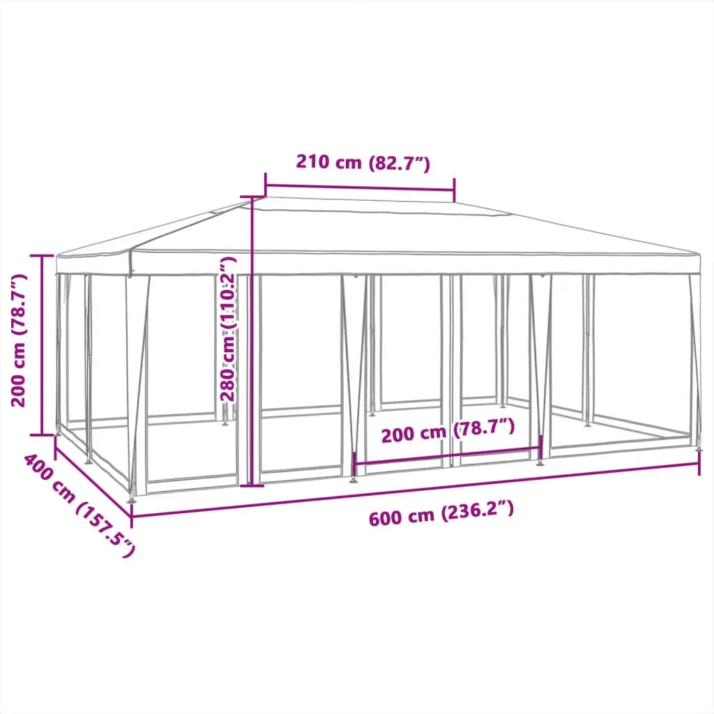 Party Tent Outdoor Gazebo Iron Frame Water-Resistant HDPE Roof 6x4m White Mesh Sidewalls