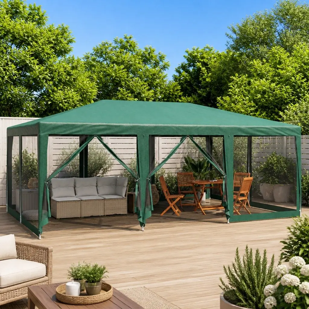 Party Tent Iron 6x4 m Water-Resistant Green with 10 Mesh Sidewalls