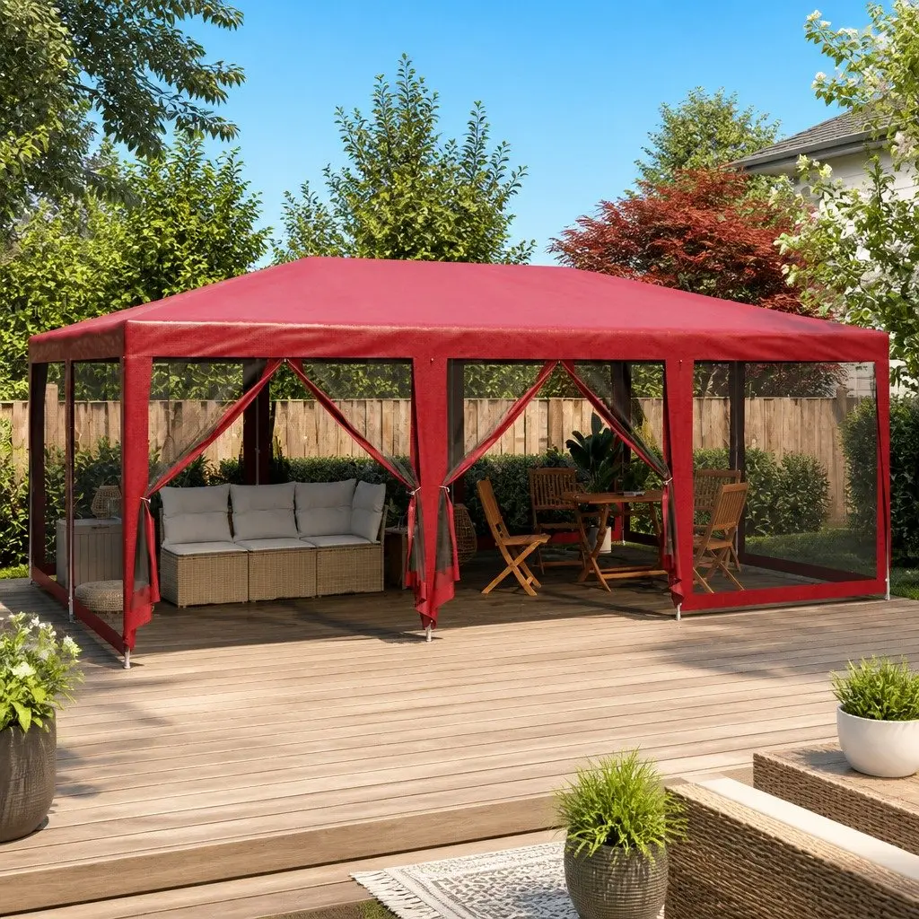 Party Tent Iron Frame 6x4m Red Outdoor Gazebo Canopy with 10 Mesh Sidewalls
