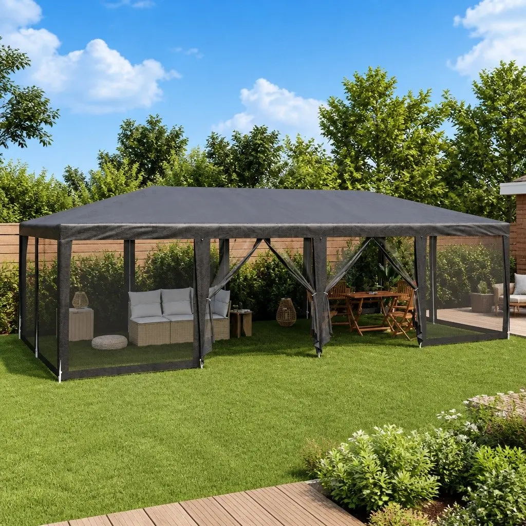 Party Tent Outdoor Gazebo HDPE Roof Iron Frame 8x4m Anthracite with 12 Mesh Sidewalls