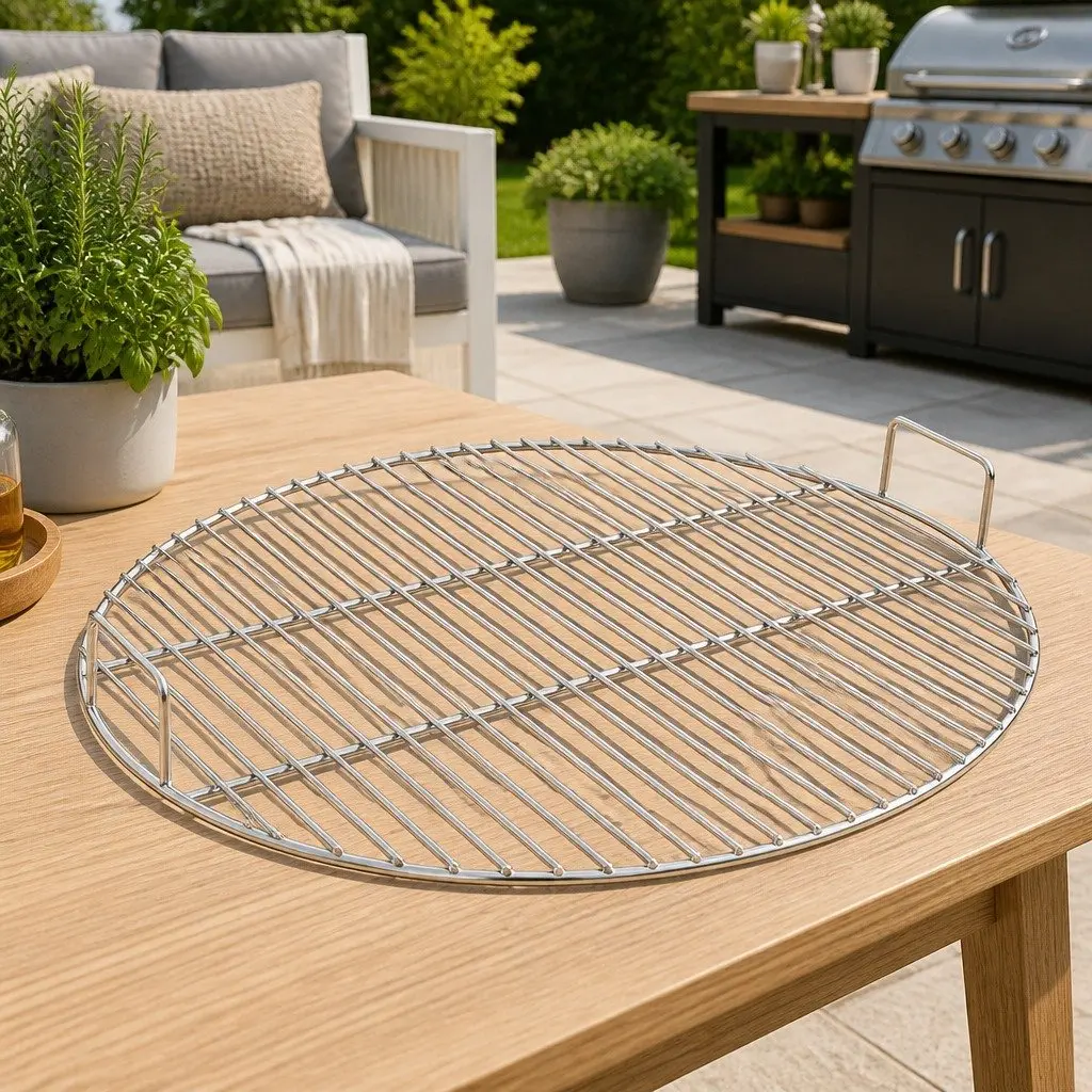 Portable BBQ Grill Grate 54cm Stainless Steel Round with Carrying Handles for Charcoal Cooking