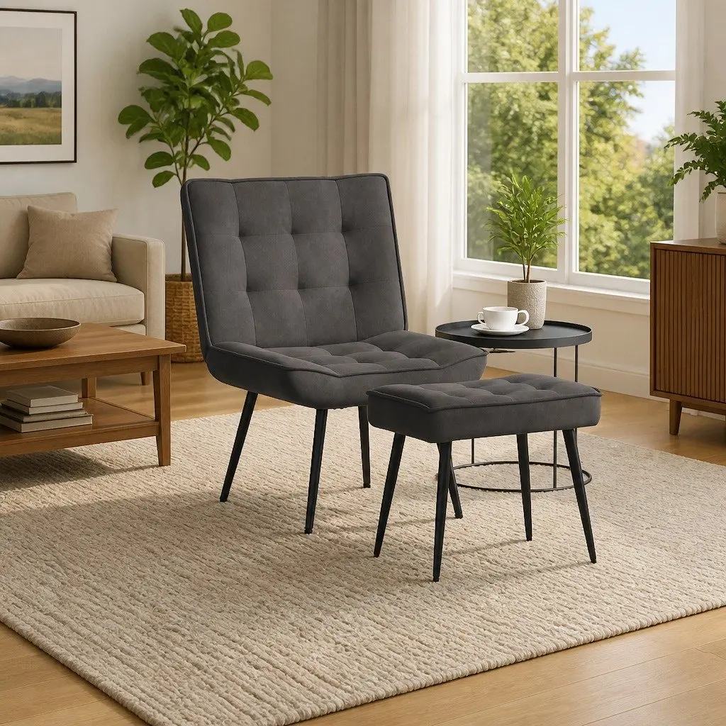 Relaxing Chair Velvet Upholstery Integrated Footrest Dark Grey