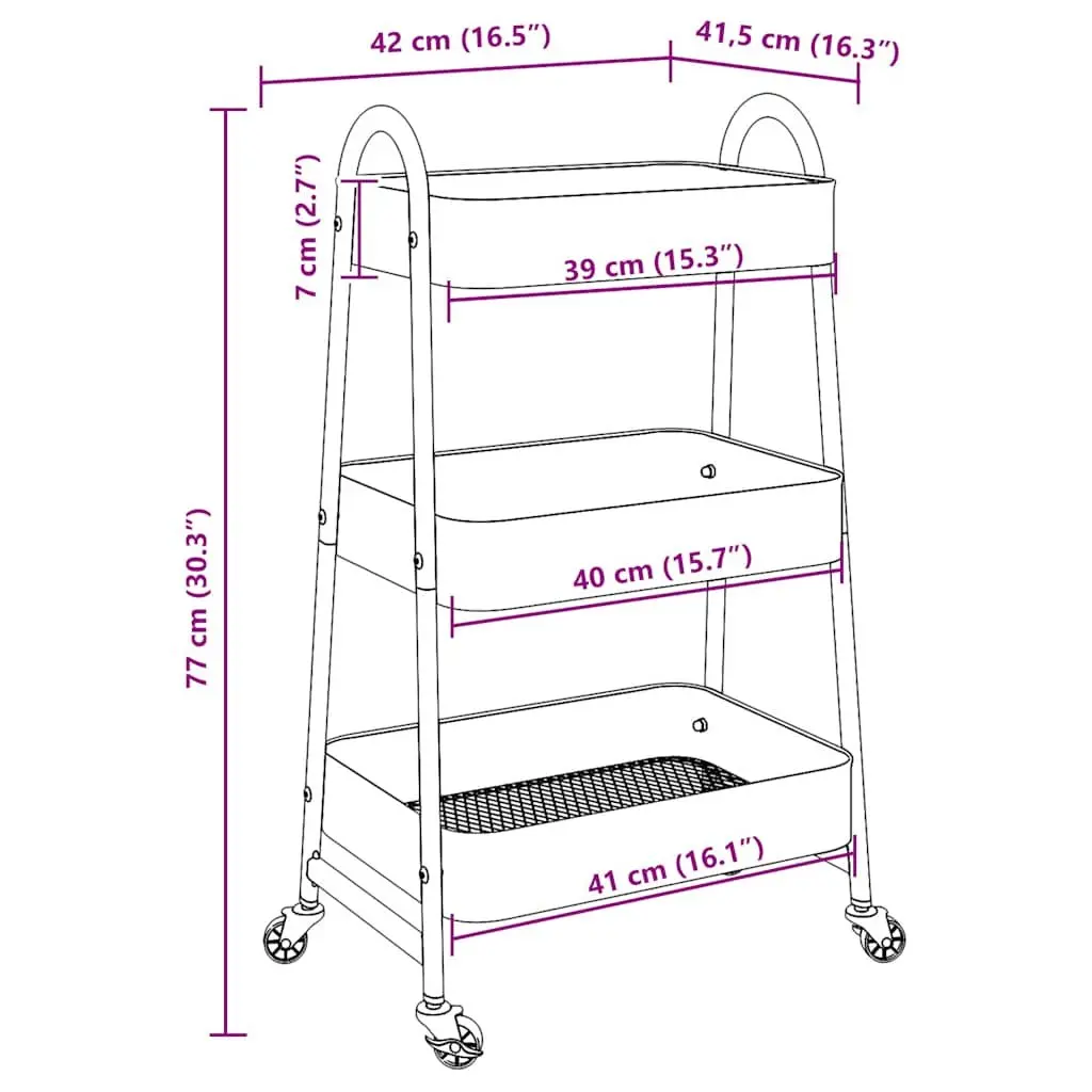 Storage Trolley Painted Steel 3-Tier White Mobile Cart with Casters and Handles