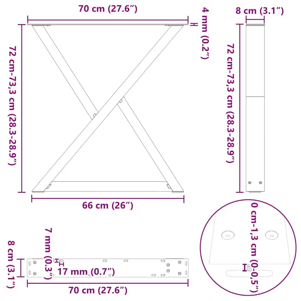 Dining Table Legs Steel Black 70x72-73.3cm with Adjustable Feet Levellers 2 pcs