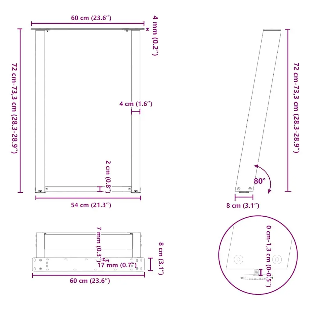 Dining Table Legs U-Shaped Powder-Coated Steel 60x72-73cm Black Set of 2