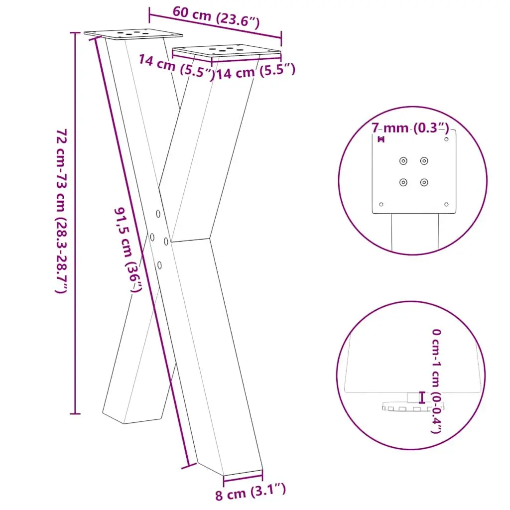 Dining Table Legs Steel Support Black X-Shaped 60x72cm 2 Pieces