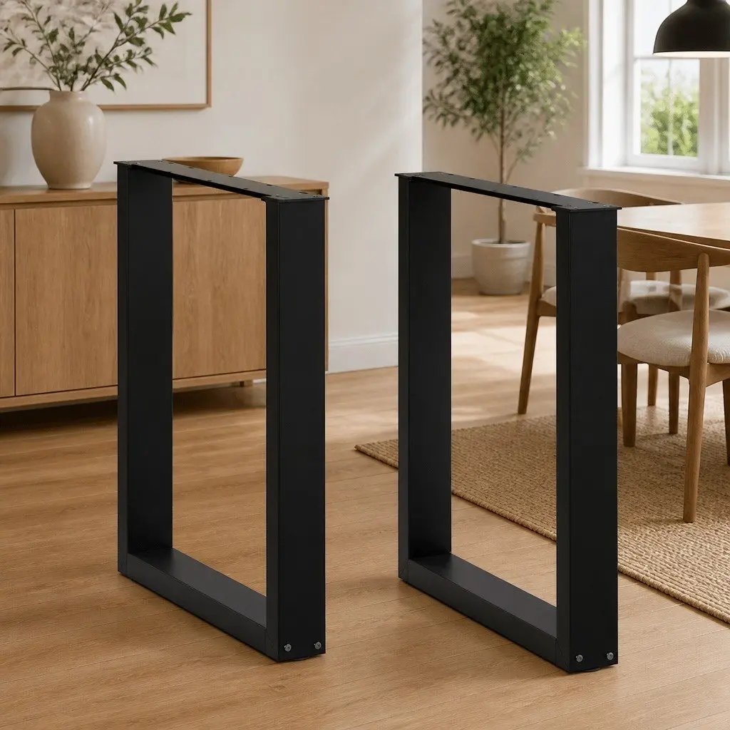 Dining Table Legs U-Shaped Powder-Coated Steel Black 60x72-73cm Adjustable Levelers Pack of 2