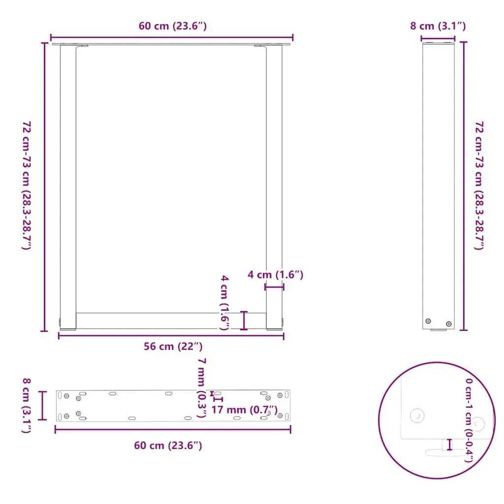 Dining Table Legs U-Shaped Powder-Coated Steel Black 60x72-73cm Adjustable Levelers Pack of 2