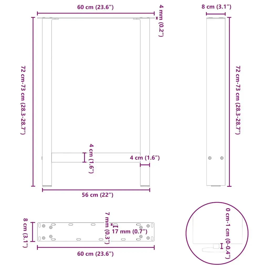 Dining Table Legs Black Steel Pair 60x72-73cm Square Design Adjustable Levelers