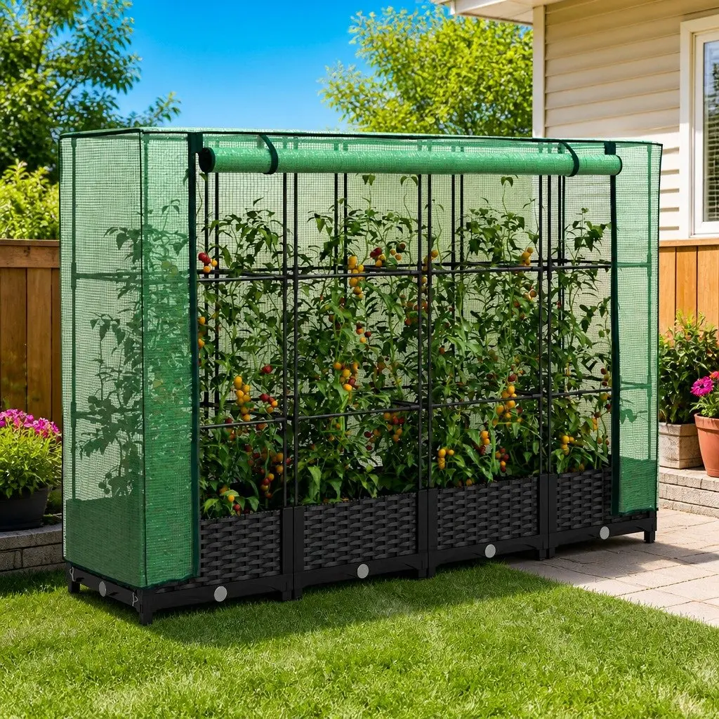 Raised Garden Bed with Greenhouse Cover Rattan Look 160x40x123cm Black