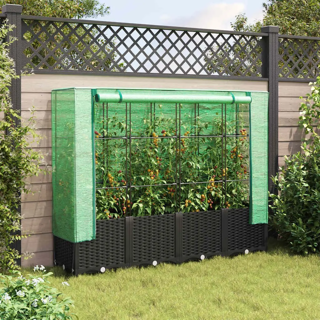 Raised Garden Bed Greenhouse Cover Iron Tube 160x40x138cm Black Rattan Look
