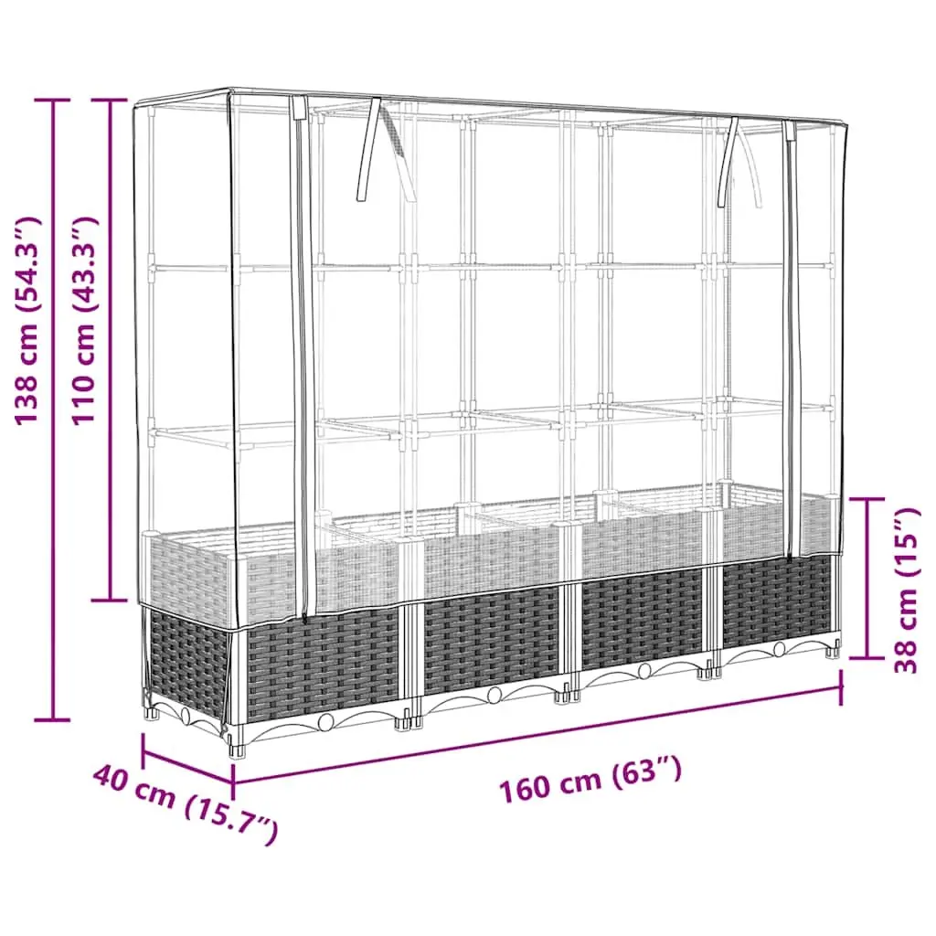 Raised Garden Bed Greenhouse Cover Iron Tube 160x40x138cm Black Rattan Look