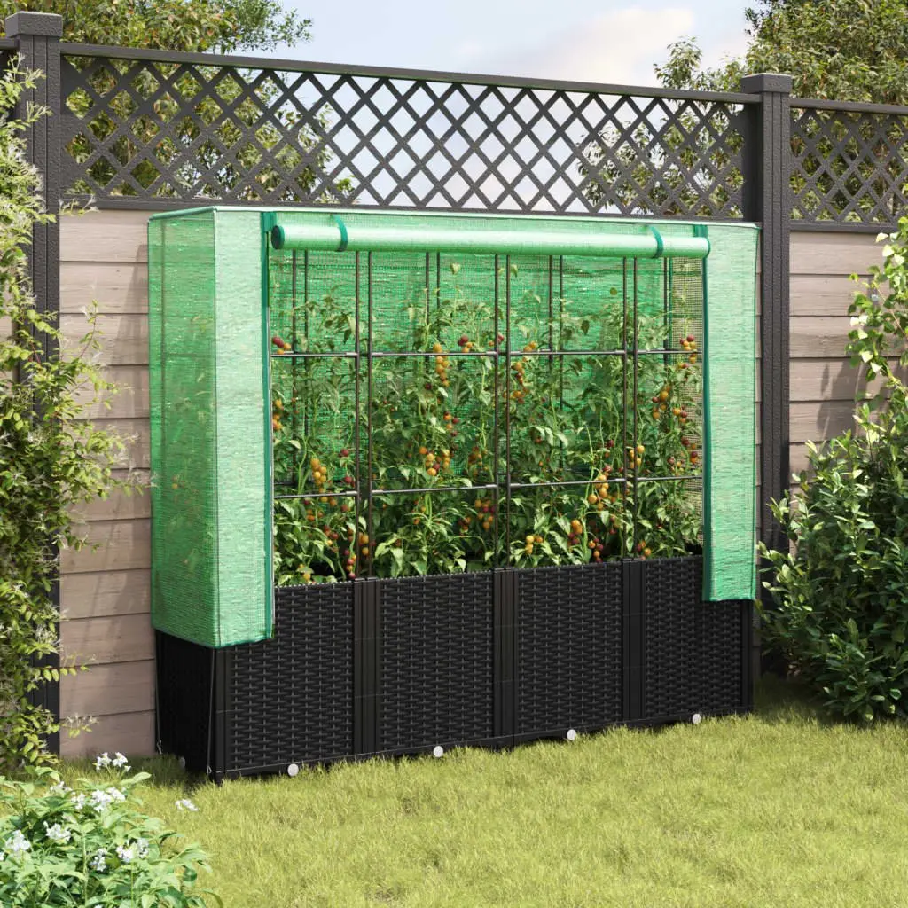 Raised Garden Bed Iron Tube Polypropylene 160x40x153cm Black with Greenhouse Cover