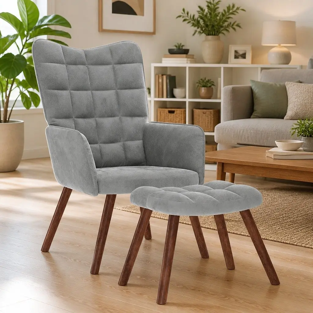 Armchair Velvet Light Grey with Footstool Plywood and Metal Frame