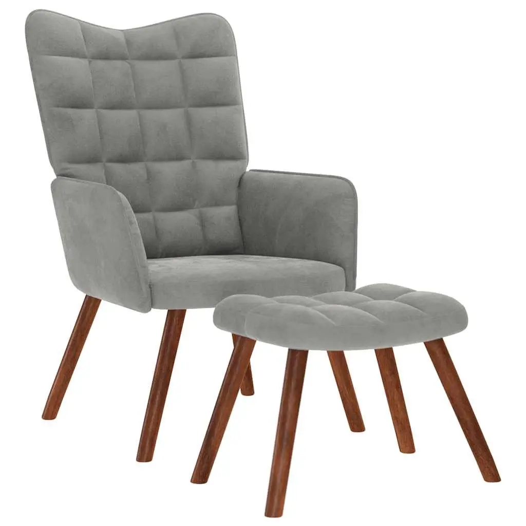 Armchair Velvet Light Grey with Footstool Plywood and Metal Frame