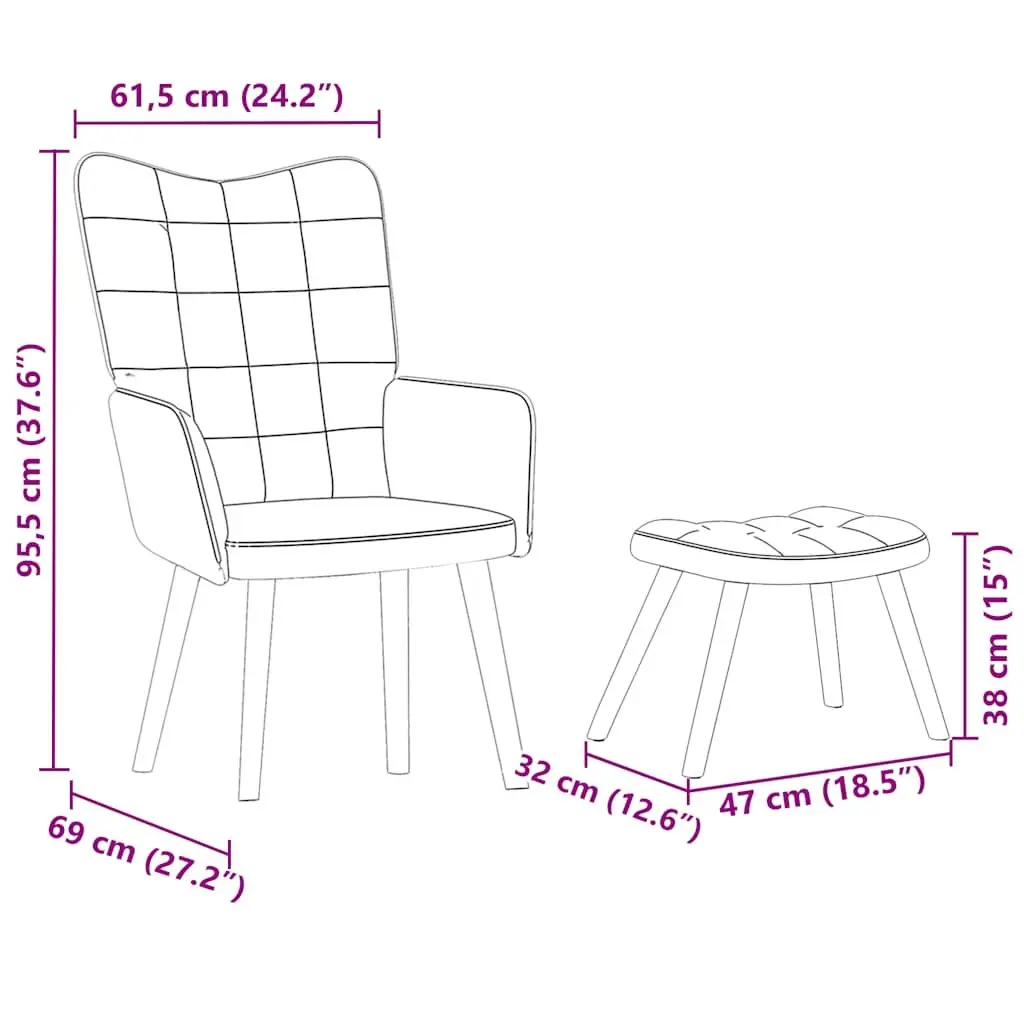Armchair Velvet Light Grey with Footstool Plywood and Metal Frame