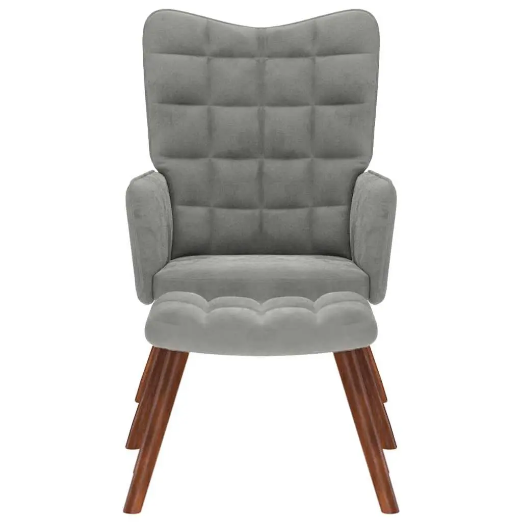 Armchair Velvet Light Grey with Footstool Plywood and Metal Frame
