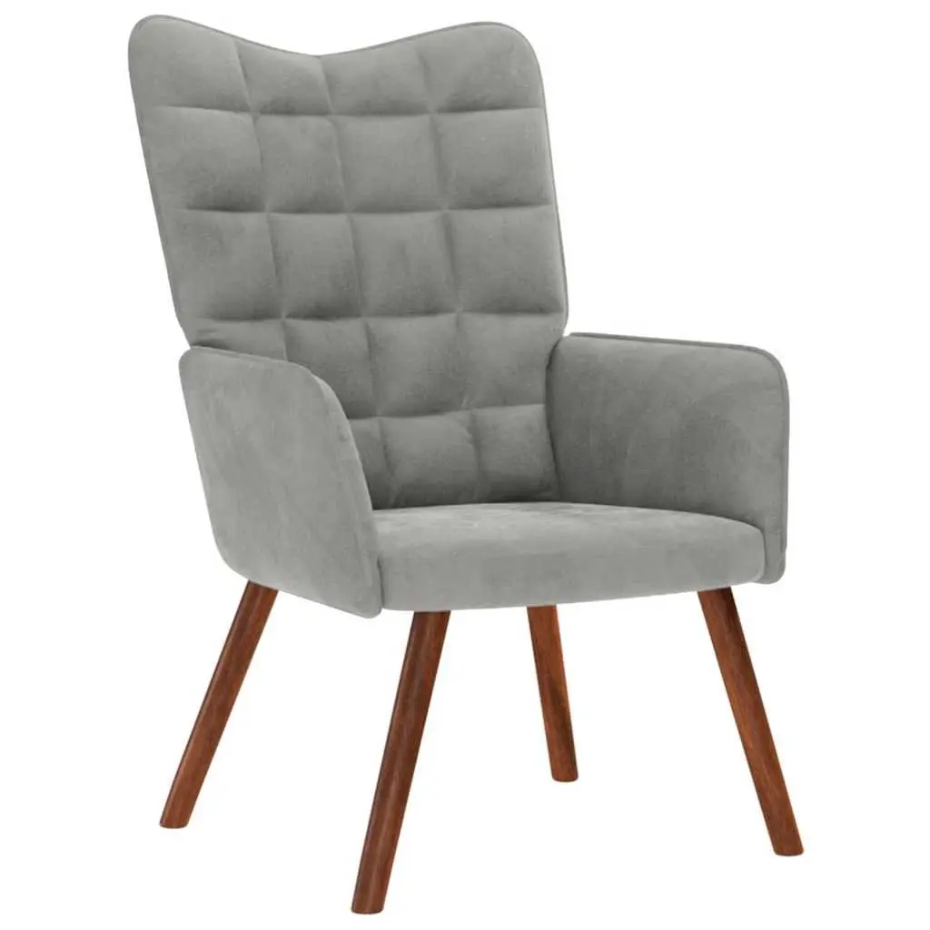 Armchair Velvet Light Grey with Footstool Plywood and Metal Frame