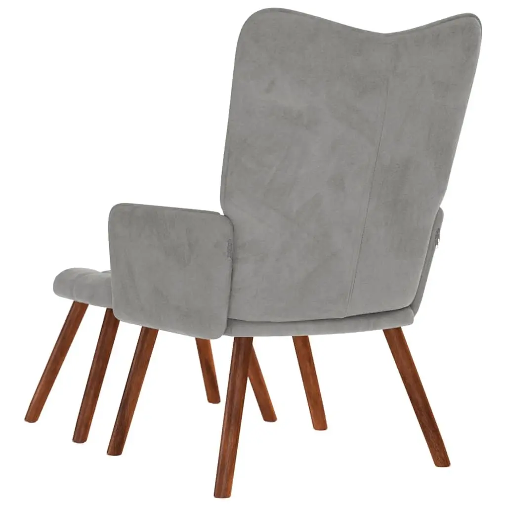 Armchair Velvet Light Grey with Footstool Plywood and Metal Frame