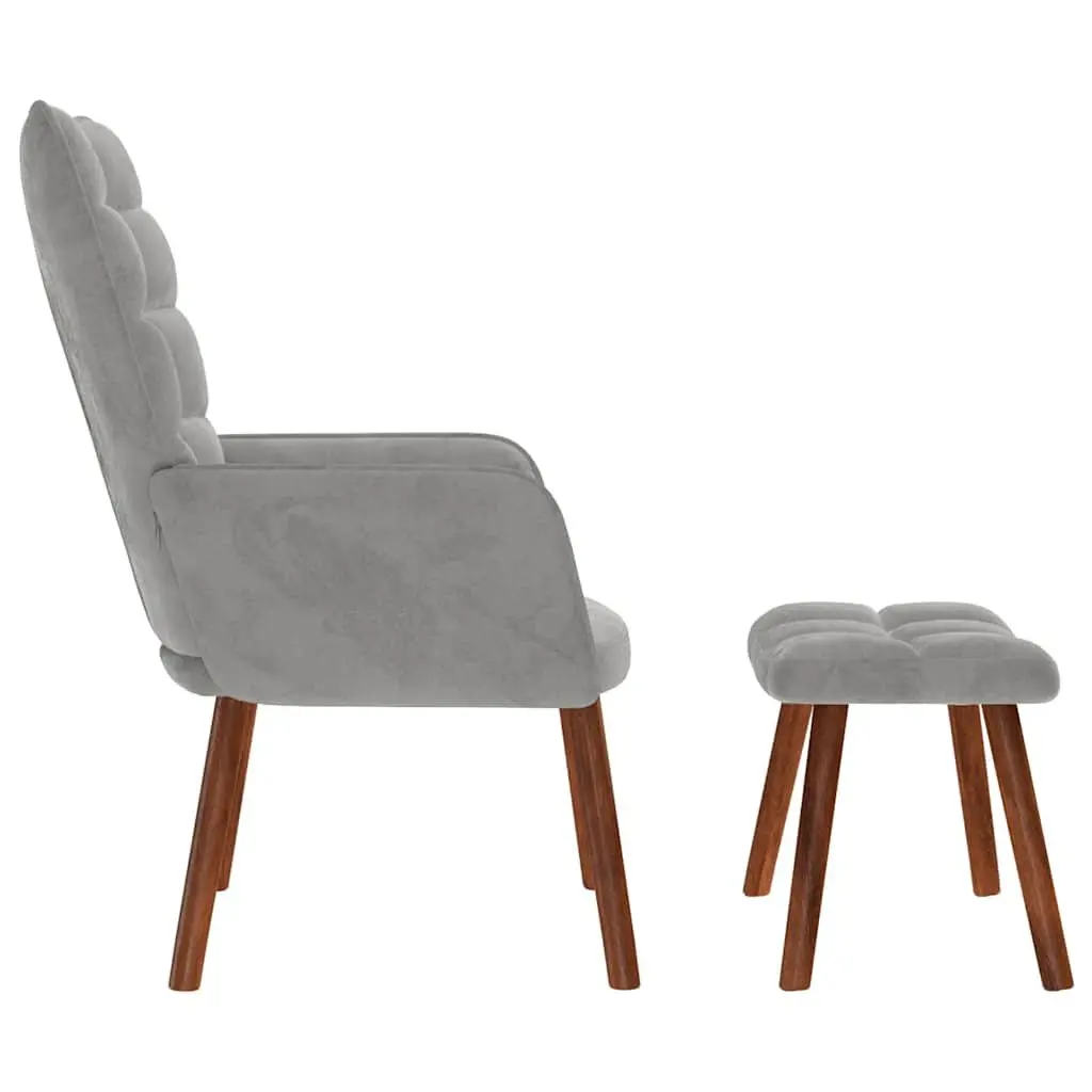 Armchair Velvet Light Grey with Footstool Plywood and Metal Frame