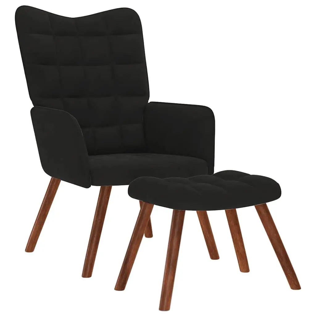 Relaxing Chair with Stool Black Velvet Armchair Recliner Lounge Chair Footstool