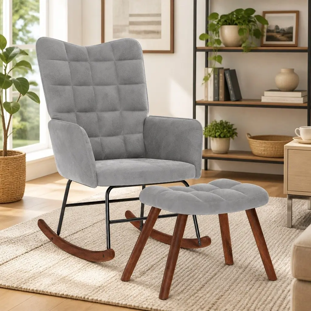 Rocking Chair Velvet Grey Padded Armchair with Footstool Plywood and Metal Frame