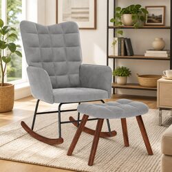 Grey Velvet Rocking Chair with Stool