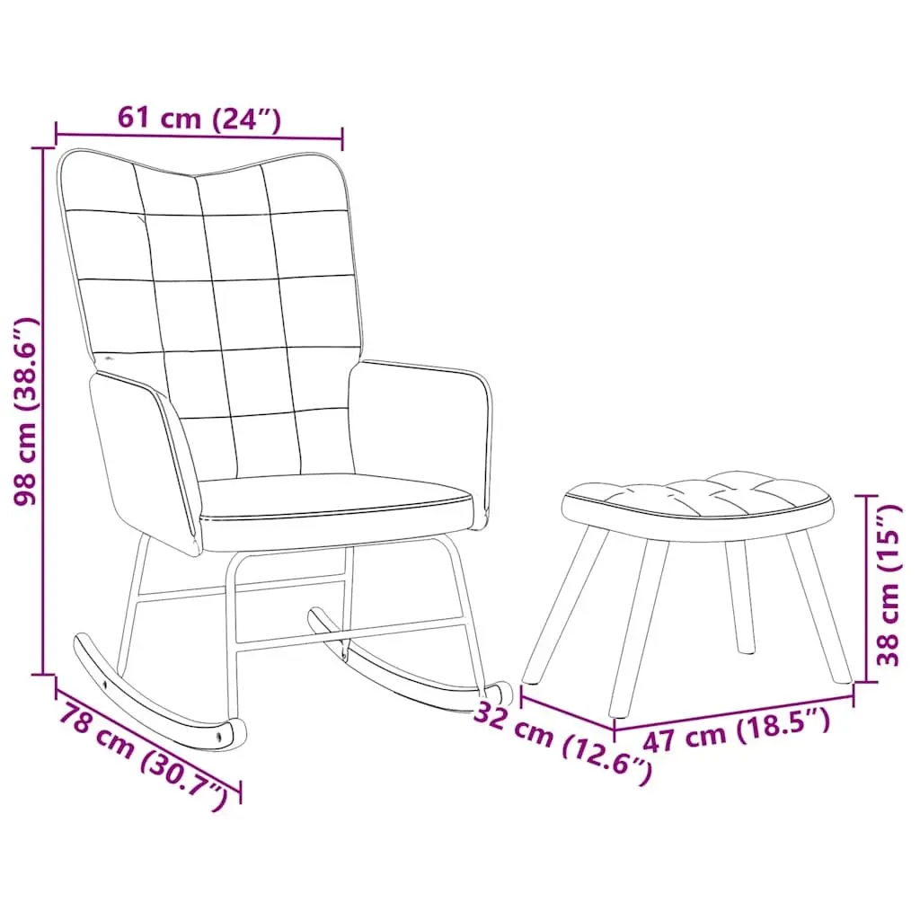 Rocking Chair Velvet Grey Padded Armchair with Footstool Plywood and Metal Frame