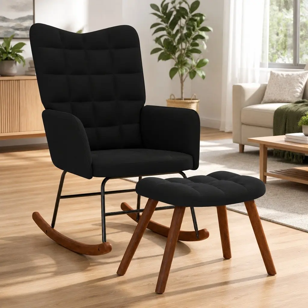 Rocking Chair Velvet Fabric with Stool Black Plywood and Metal Frame
