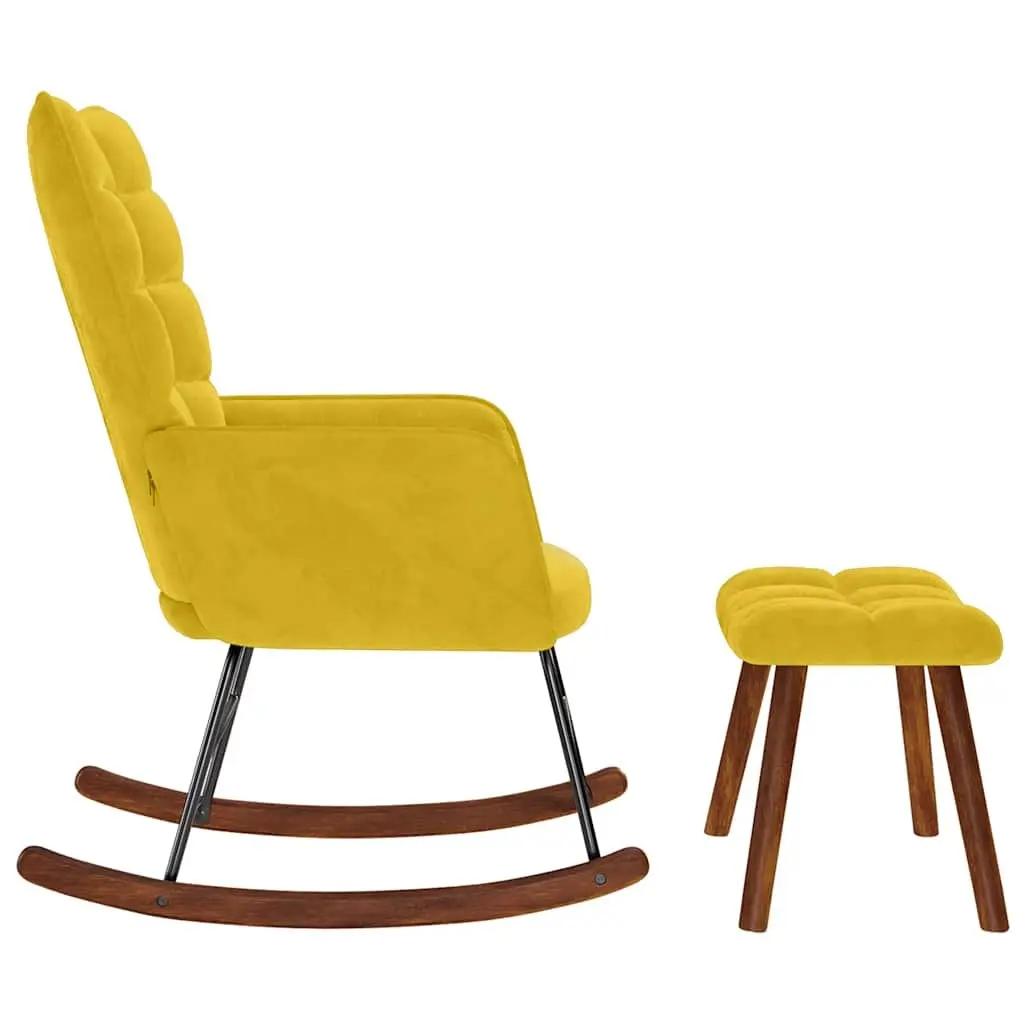 Rocking Chair with Stool Yellow Velvet Lounge Armchair Padded Seat Backrest