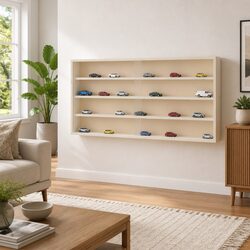 Wooden Wall Mounted Display Case with Doors 4 Shelves Collector Organiser